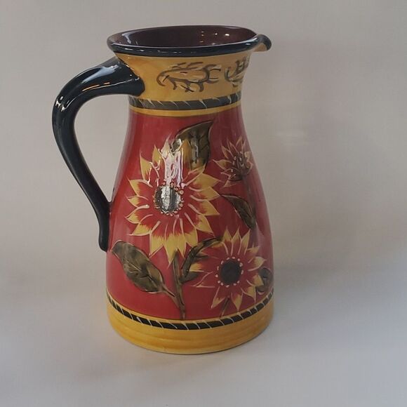 PIER 1 ONE SUNFLOWER PITCHER RED YELLOW BLACK FRENCH COUNTRY COTTAGE HOMEY - Picture 2 of 5